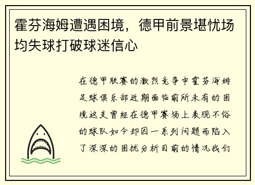霍芬海姆遭遇困境，德甲前景堪忧场均失球打破球迷信心
